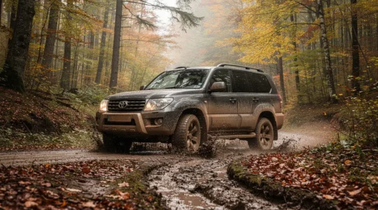 Véhicule 4x4 traversant un chemin forestier boueux en automne, assurance tout-terrain