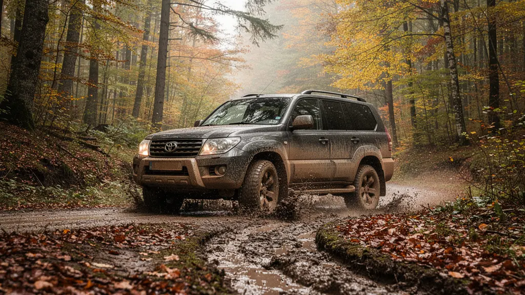 Véhicule 4x4 traversant un chemin forestier boueux en automne, assurance tout-terrain