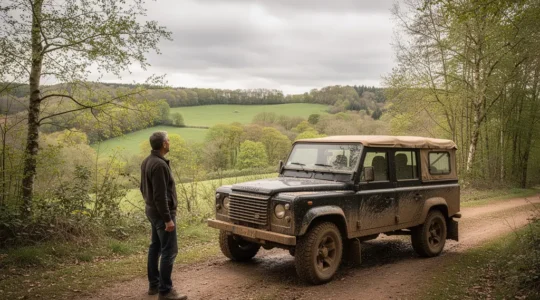 Propriétaire de 4x4 observant son véhicule garé sur un chemin de terre en lisière de forêt