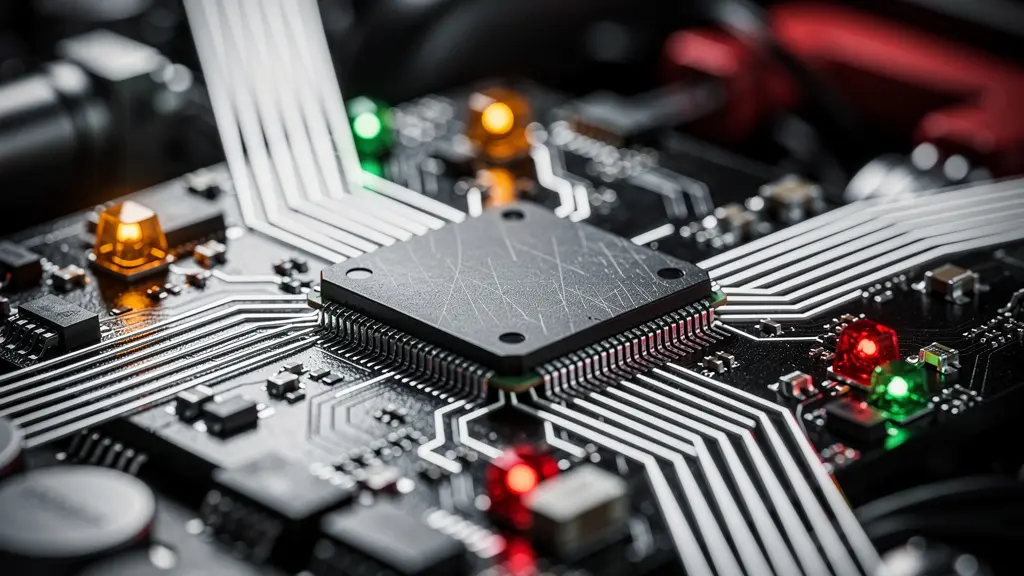 Détail macro d'un capteur de diagnostic moteur avec indicateurs lumineux colorés