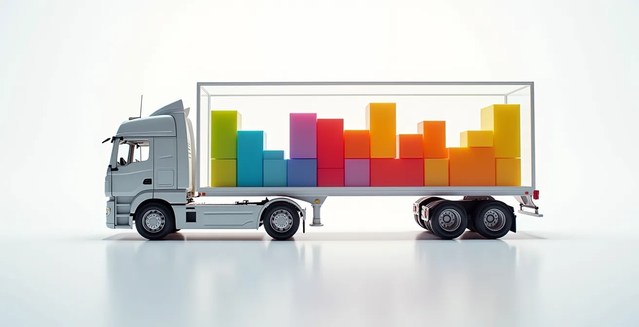 Vue 3D d'un camion avec optimisation algorithmique du chargement des colis