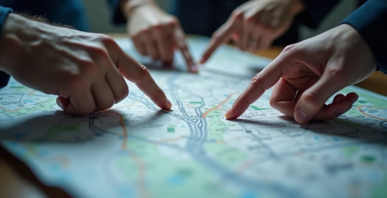 Vue macro sur des mains pointant des zones sur une carte routière floue lors d'une analyse d'accident