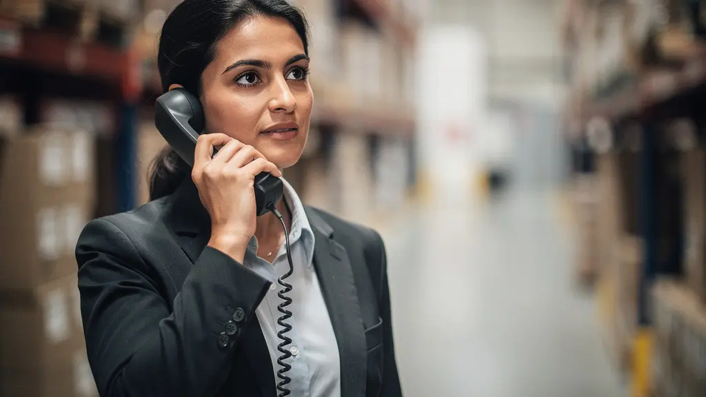 Responsable logistique appelant un client avec un telephone fixe, expression concentree, dans un entrepot floute en arriere-plan.