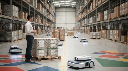 Vue grand angle d’un entrepôt moderne avec robots mobiles et rayonnages, laissant un espace vide exploitable pour un titre, sans aucun texte visible.