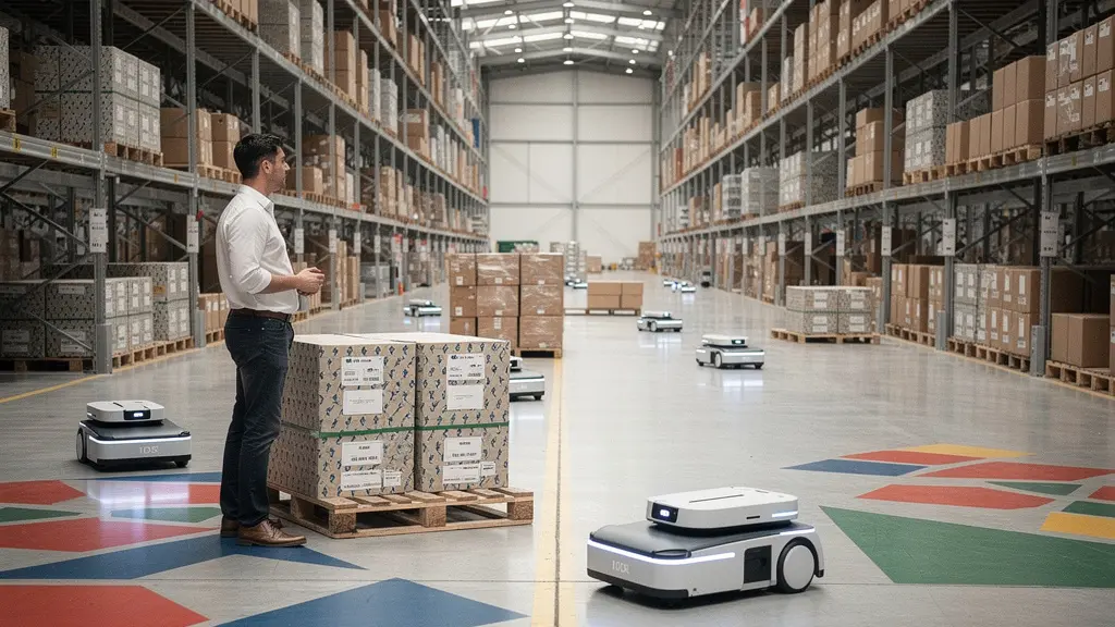Vue grand angle d’un entrepôt moderne avec robots mobiles et rayonnages, laissant un espace vide exploitable pour un titre, sans aucun texte visible.