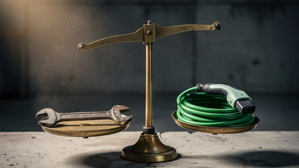 Nature morte symbolique montrant une ancienne balance à plateaux avec une clé à molette d'un côté et un câble de recharge électrique de l'autre, évoquant l'équilibre entre ancien et nouveau parc automobile