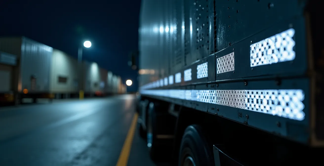 Vue latérale d'un utilitaire avec bandes réfléchissantes correctement installées sous éclairage nocturne