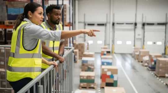 Deux responsables logistiques observent un entrepot moderne avec des palettes et des quais de chargement, illustrant une decision d’externalisation 3PL pour accompagner la croissance.
