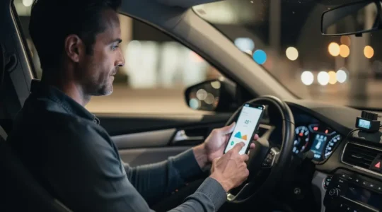 Conducteur analysant les données de conduite sur une application mobile avec un boîtier OBD visible sur le tableau de bord