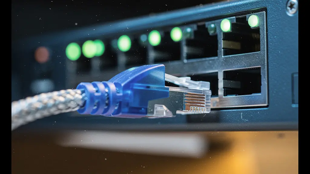 Gros plan macro sur un connecteur réseau RJ45 branché avec des reflets bleutés, symbolisant la dette technique réseau lors du déploiement d'un WMS