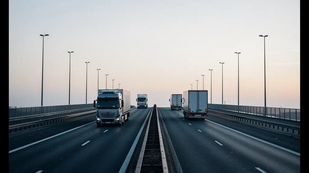 Trois camions non marques roulant sur une autoroute avec sept lampadaires espacés, image large et minimaliste illustrant une règle de comptage dans le temps.