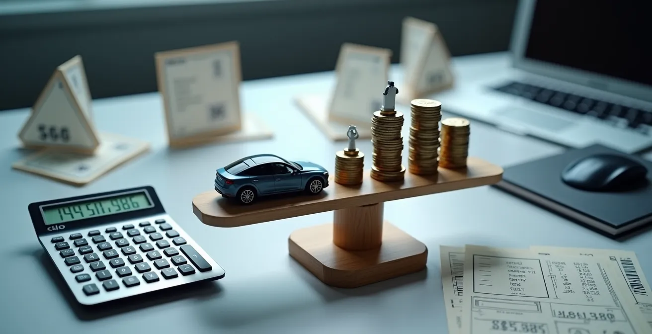 Bureau avec calculatrice et documents financiers pour calcul des sanctions LOM