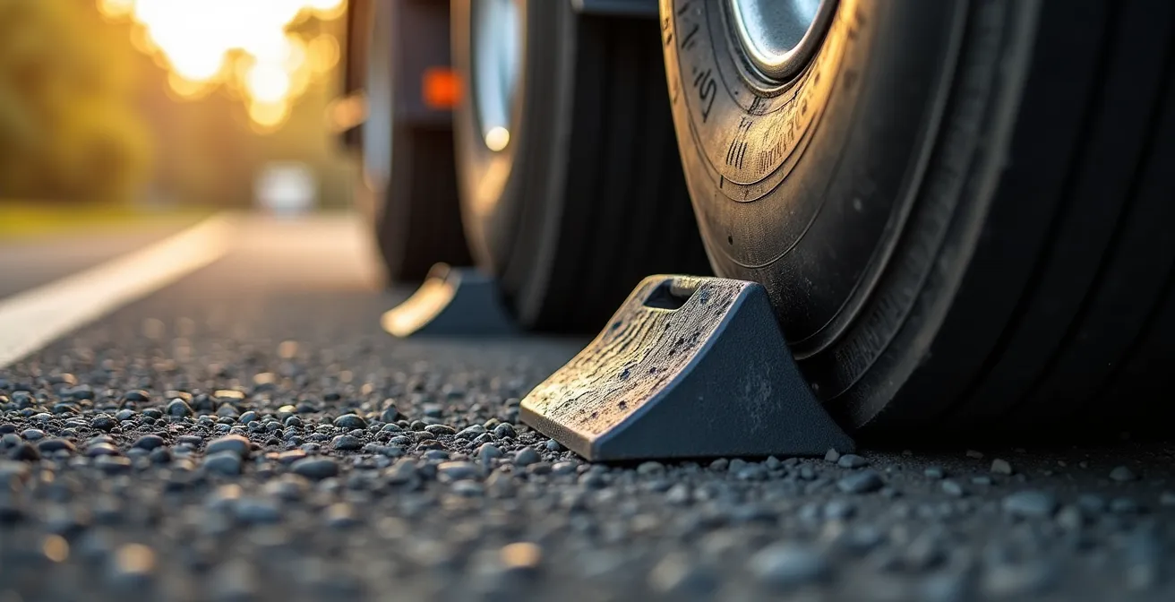 Positionnement correct d'une cale de roue sur un poids lourd en pente