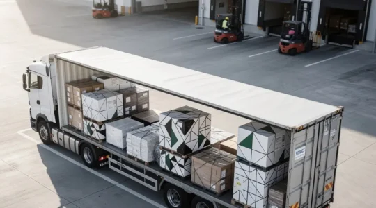 Vue aérienne d'un camion semi-remorque chargé avec un agencement optimisé de palettes dans un centre logistique moderne