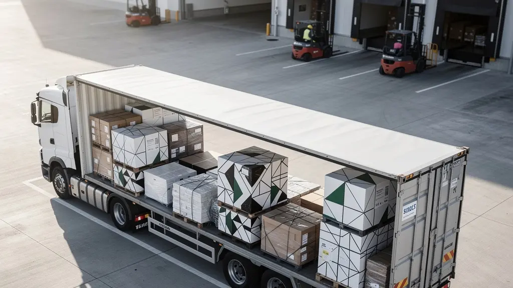 Vue aérienne d'un camion semi-remorque chargé avec un agencement optimisé de palettes dans un centre logistique moderne