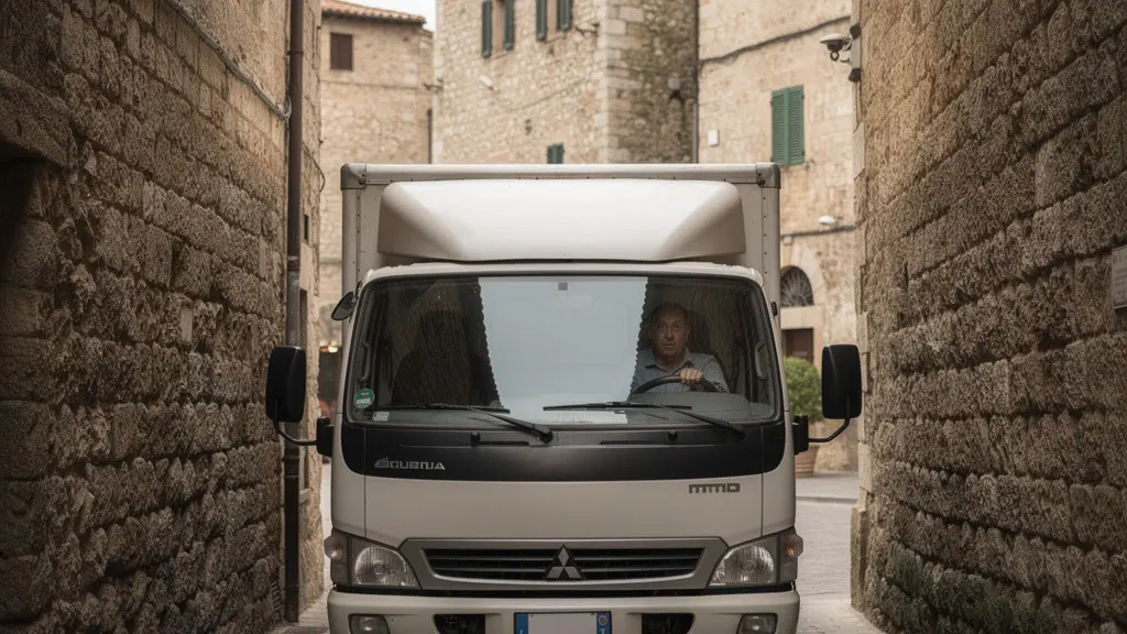 Camion de livraison bloqué dans une ruelle médiévale étroite
