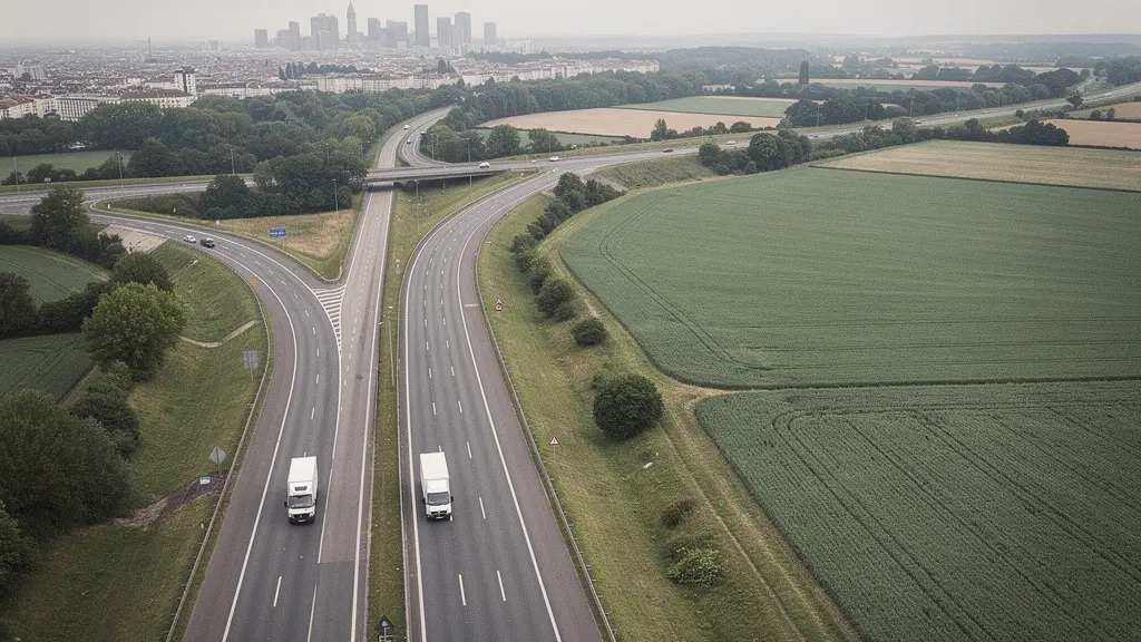 Vue aérienne minimaliste d'un réseau routier français avec des fourgons utilitaires sur une autoroute, entre zones urbaines et campagne, symbolisant la réaffectation de flotte