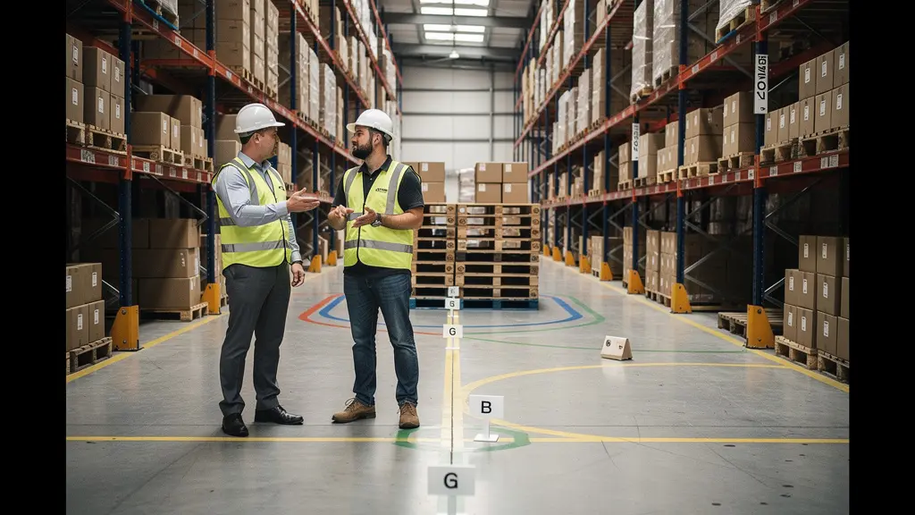 Vue grand angle d’un entrepôt moderne où des flux de marchandises sont matérialisés par des lignes et repères colorés au sol, suggérant une cartographie des flux pour repérer des goulots d’étranglement.
