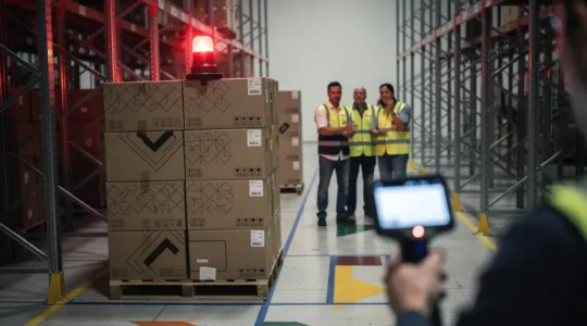 Scène réaliste d’un centre de crise logistique dans un entrepôt, avec une zone de quarantaine et des opérateurs qui coordonnent un rappel produit sans aucun écran lisible.