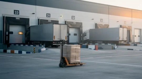 Vue large d’un quai logistique moderne avec camions et zone de preparation, illustrant une organisation en flux tendu avec un espace vide exploitable.