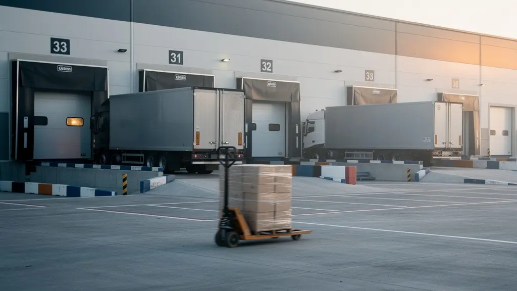 Vue large d’un quai logistique moderne avec camions et zone de preparation, illustrant une organisation en flux tendu avec un espace vide exploitable.