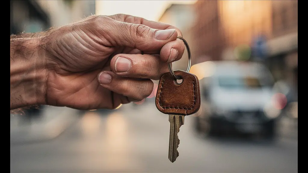 Gros plan sur une main de professionnel tenant un trousseau de clés de véhicule utilitaire, avec en arrière-plan flou une rue urbaine baignée de lumière matinale