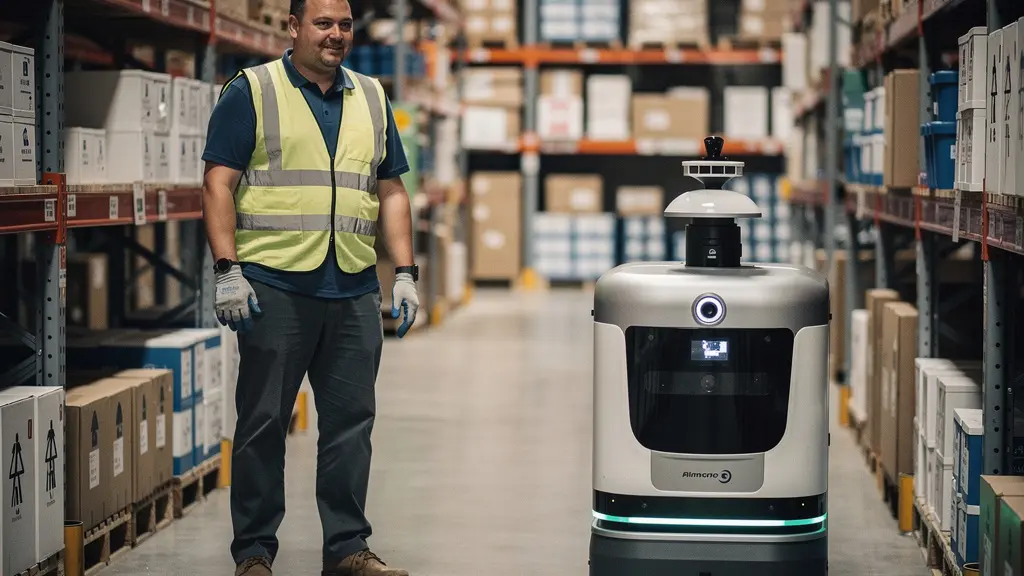 Opérateur en gilet haute visibilité dans une allée étroite tandis qu'un robot mobile autonome passe à distance sécurisée
