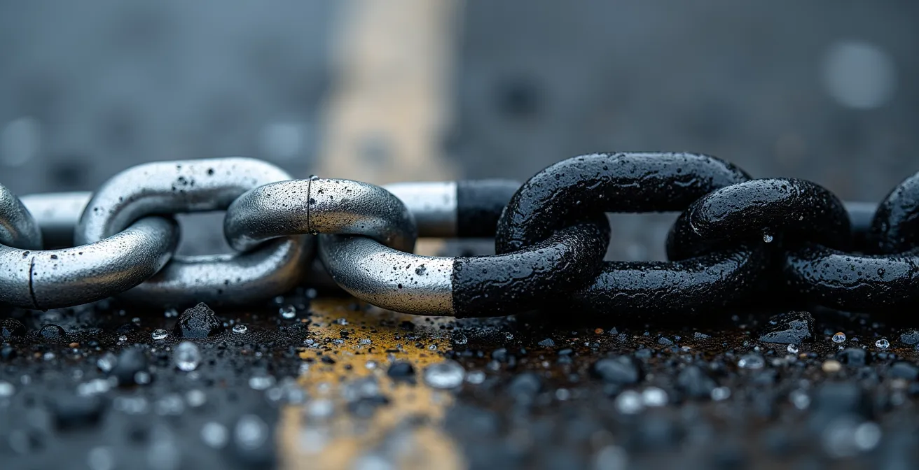 Vue macro montrant les maillons d'une chaîne métallique à côté du textile technique d'une chaussette à neige