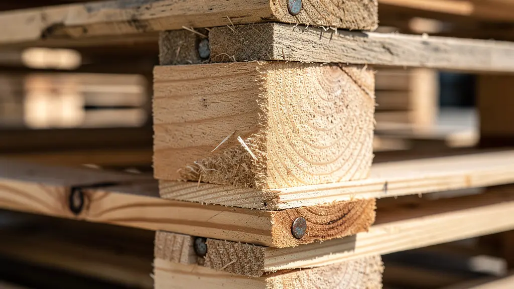 Vue macro détaillée de différents types de palettes empilées montrant les textures du bois et les différences de construction