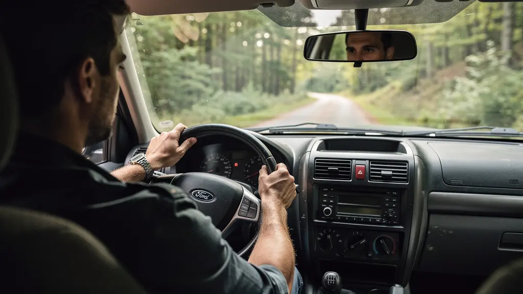 Conducteur au volant de son 4x4 sur une route forestière, vue intérieure