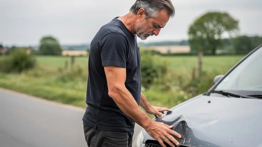 Conducteur examinant dégâts mineurs sur sa voiture après accident, protection corporelle conducteur