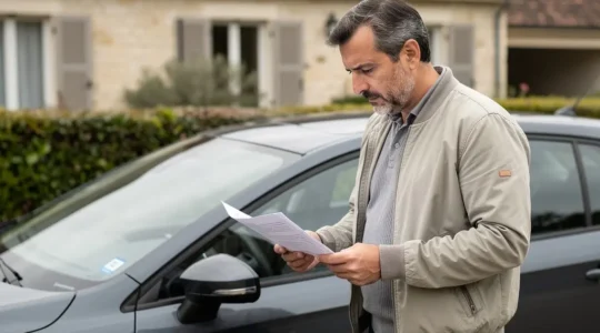 Conducteur français consultant son avis d'échéance près de sa voiture garée