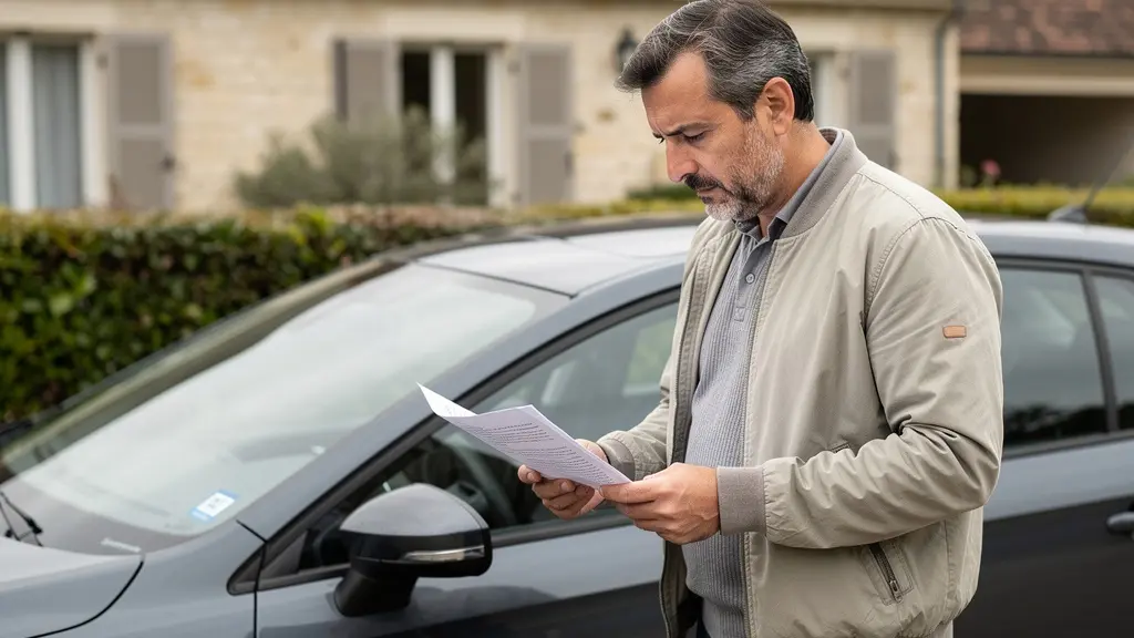 Conducteur français consultant son avis d'échéance près de sa voiture garée