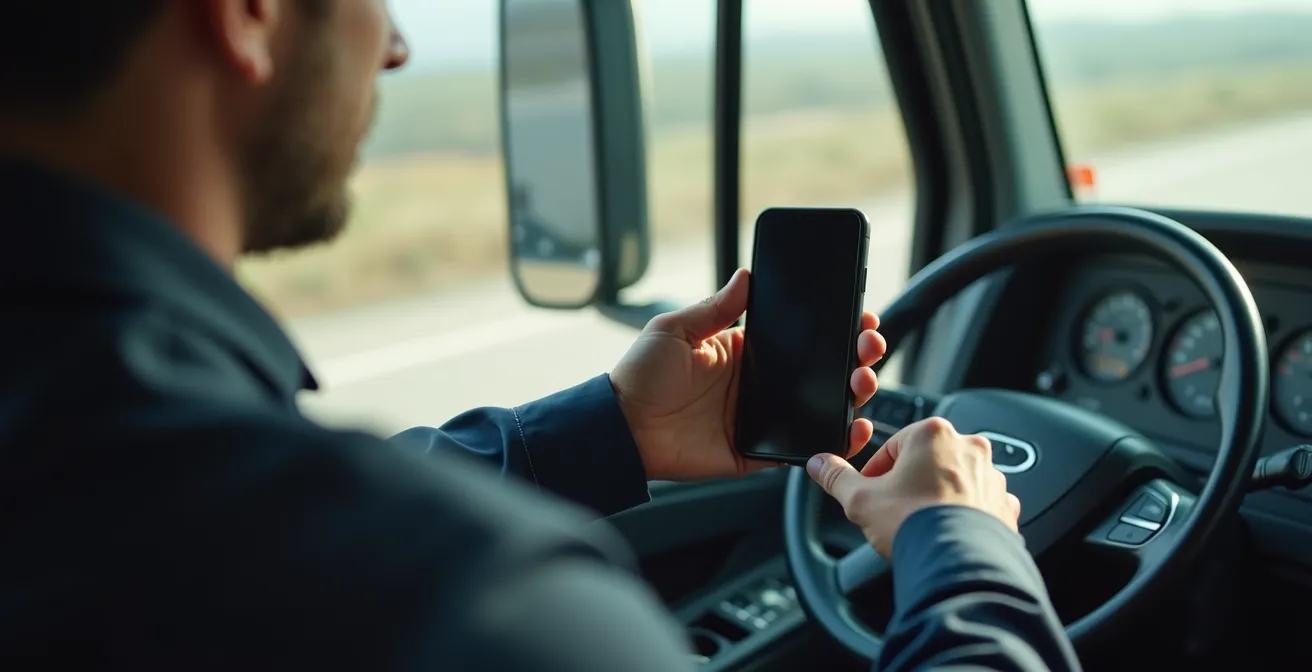 Conducteur routier consultant l'application e-CMR sur smartphone dans sa cabine