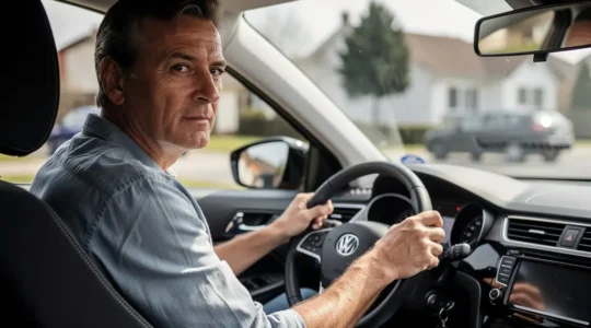 Conducteur français pensif dans sa voiture, assurance auto protection conducteur
