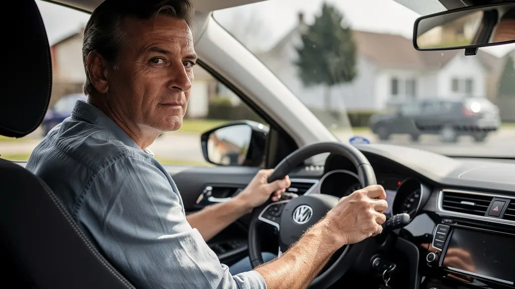 Conducteur français pensif dans sa voiture, assurance auto protection conducteur