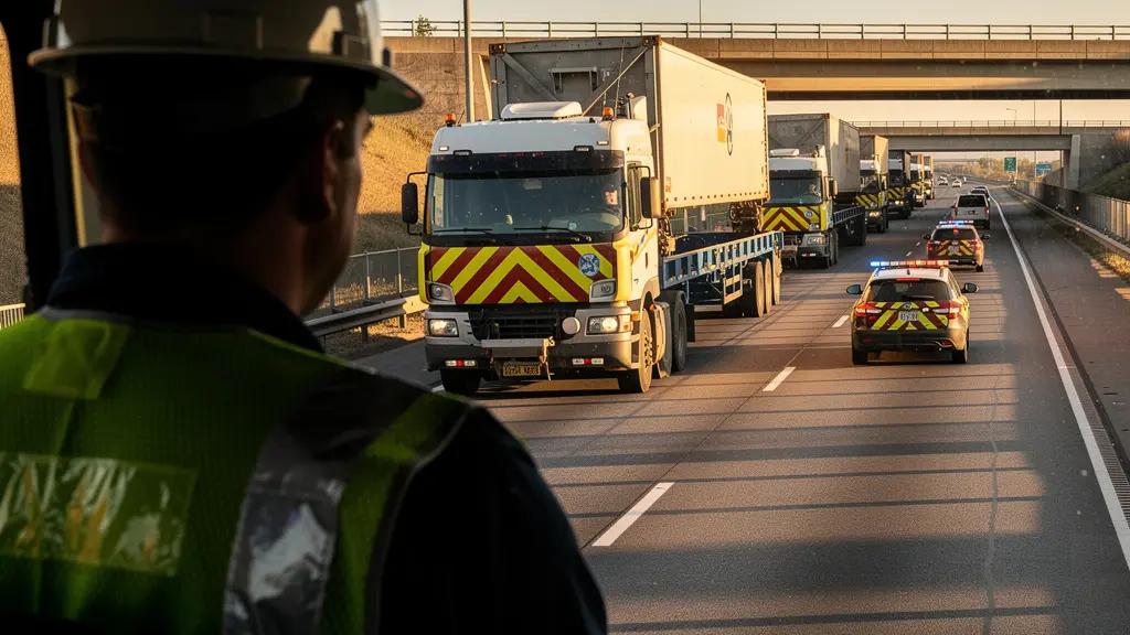 Perspective humaine d'un conducteur regardant un convoi exceptionnel avec escorte sur autoroute