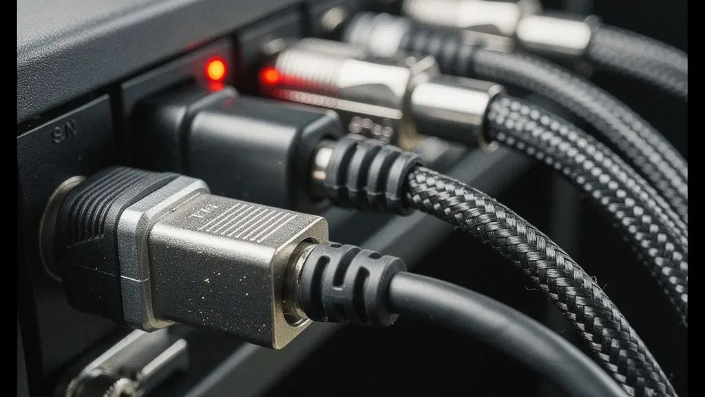 Gros plan macro de connecteurs et de cables entremeles dans un environnement industriel, symbolisant les interfaces critiques lors d’un demarrage WMS.