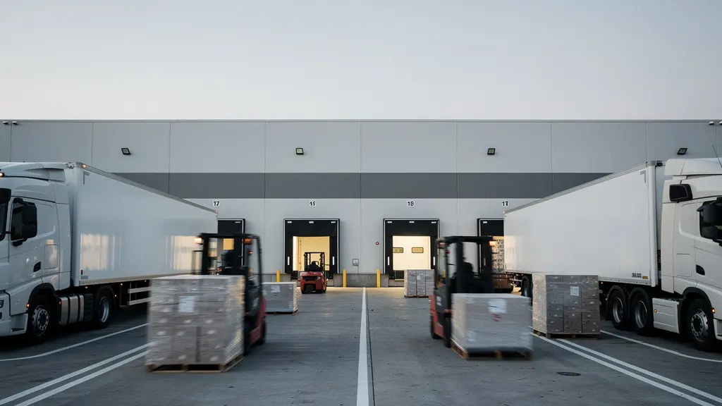 Vue large d’un quai logistique au lever du jour avec des palettes et des chariots en mouvement flou, suggérant un transfert de stock sans interruption des expéditions.