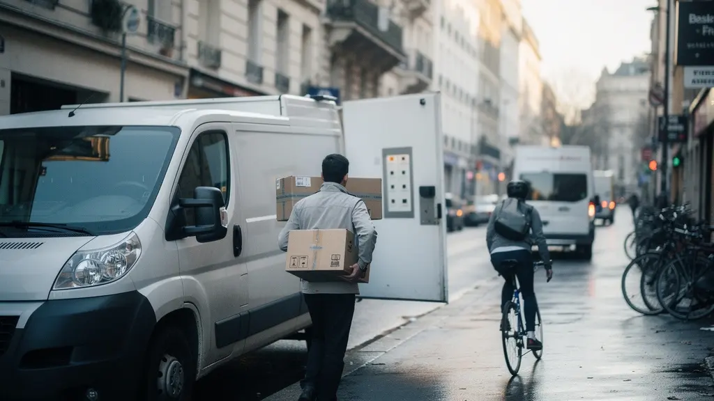 Scène urbaine réaliste montrant un livreur et un véhicule de livraison au milieu d’une rue dense, illustrant la complexité et le coût du dernier kilomètre.