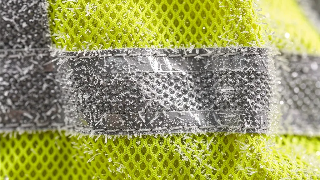 Plan très serré sur la texture d'un gilet haute visibilité couvert de givre, montrant le détail du tissu fluorescent.