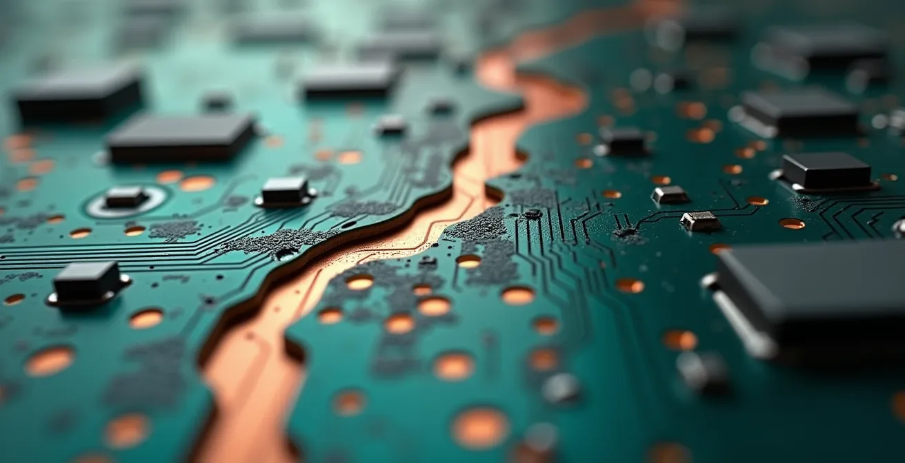 Vue macro de circuits électroniques avec zones d'interruption visible