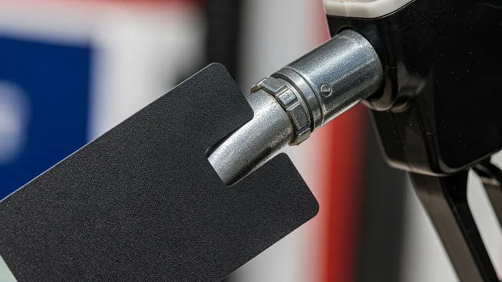Gros plan sur une main tenant une carte carburant professionnelle près d'une pompe à essence