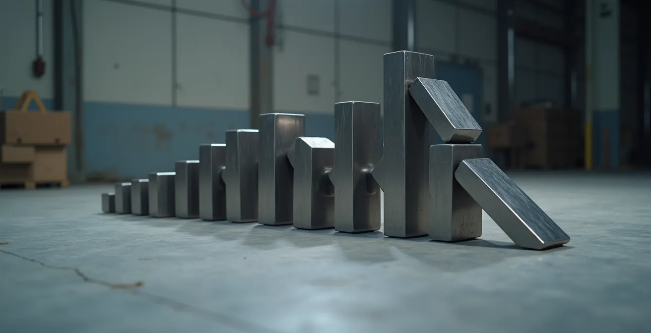 Représentation symbolique de l'effet d'amplification avec des dominos industriels créant une réaction en chaîne
