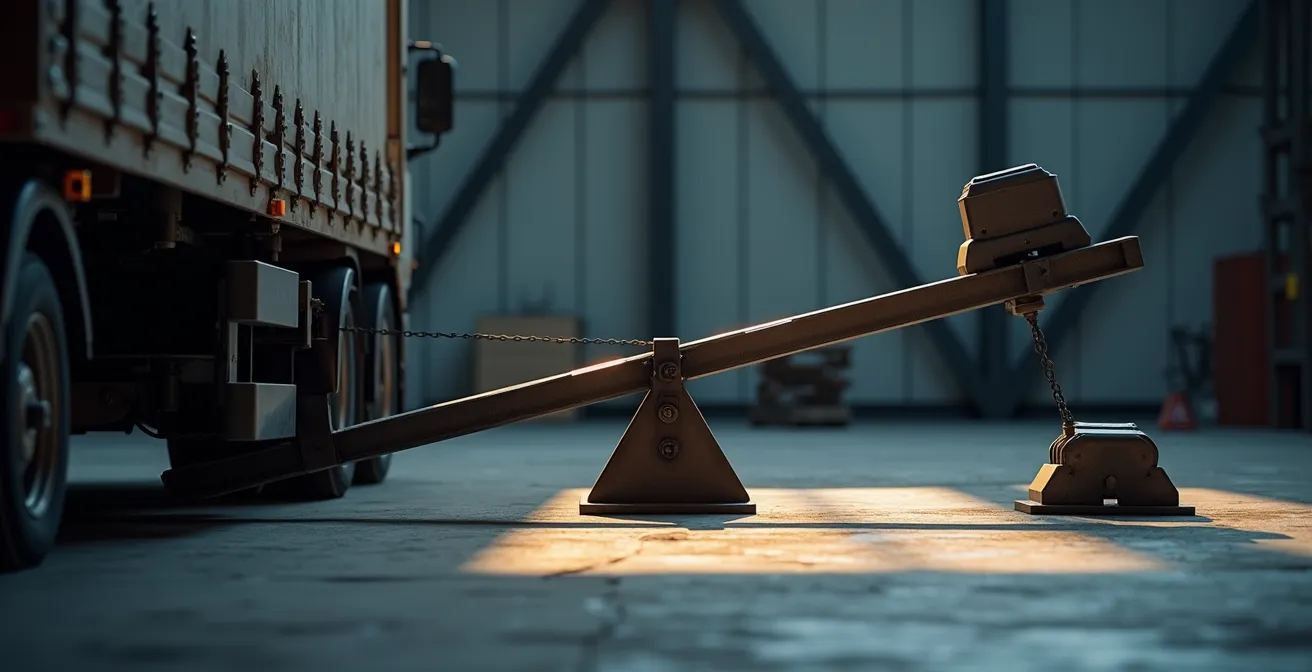 Schéma technique montrant l'effet de levier sur un camion avec charge mal répartie