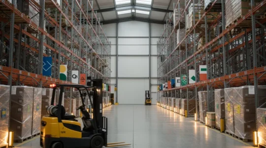 Vue large d'un entrepôt logistique moderne avec des rayonnages métalliques et un chariot élévateur en mouvement, symbolisant le choix technologique d'un WMS pour une PME en croissance