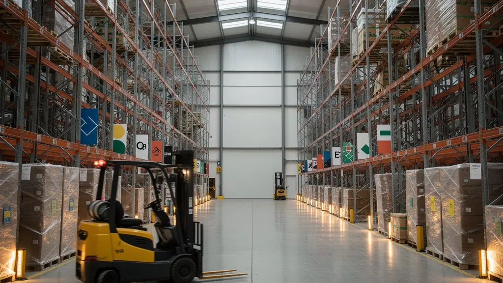 Vue large d'un entrepôt logistique moderne avec des rayonnages métalliques et un chariot élévateur en mouvement, symbolisant le choix technologique d'un WMS pour une PME en croissance