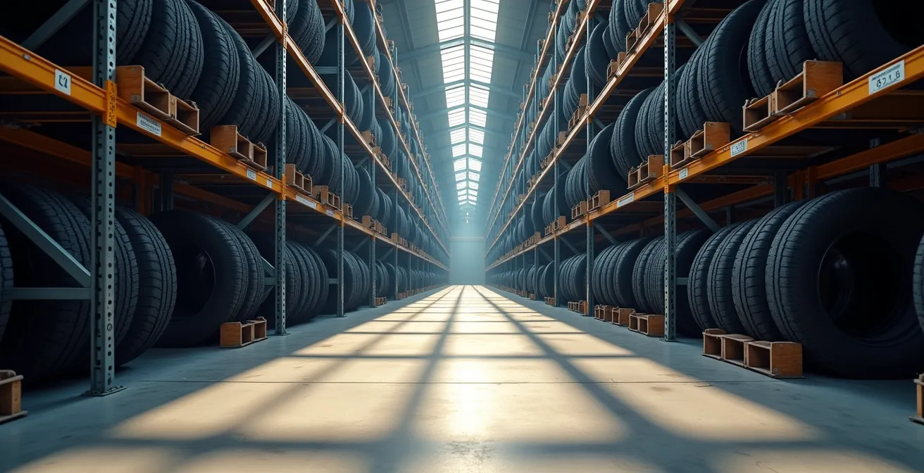 Entrepôt de stockage professionnel avec rayonnages métalliques remplis de pneus organisés par référence
