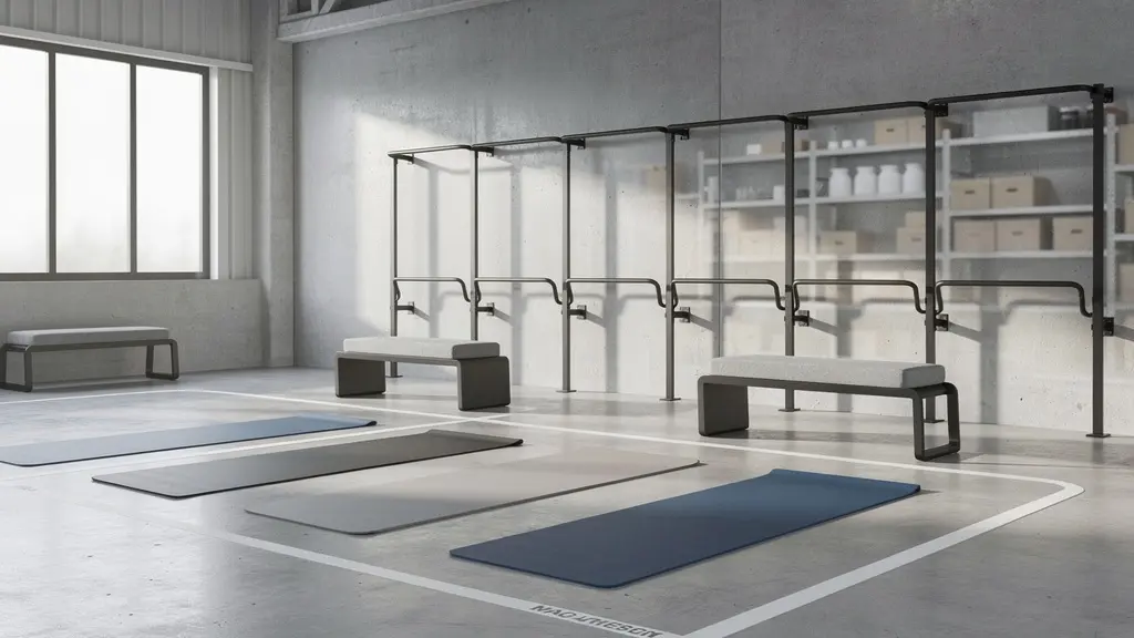 Espace dédié à l'échauffement dans un entrepôt moderne avec équipements ergonomiques