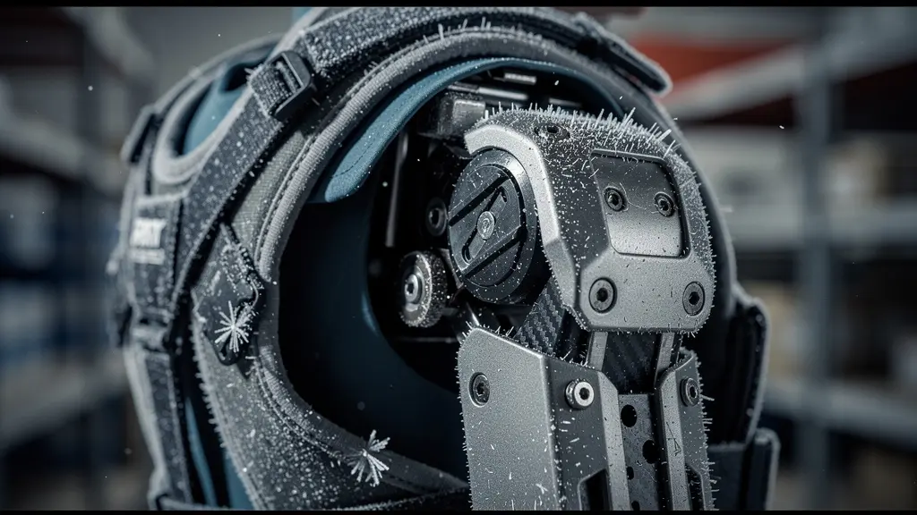 Gros plan artistique sur l'articulation mécanique d'un exosquelette avec des traces de givre, symbolisant la technologie face au froid.